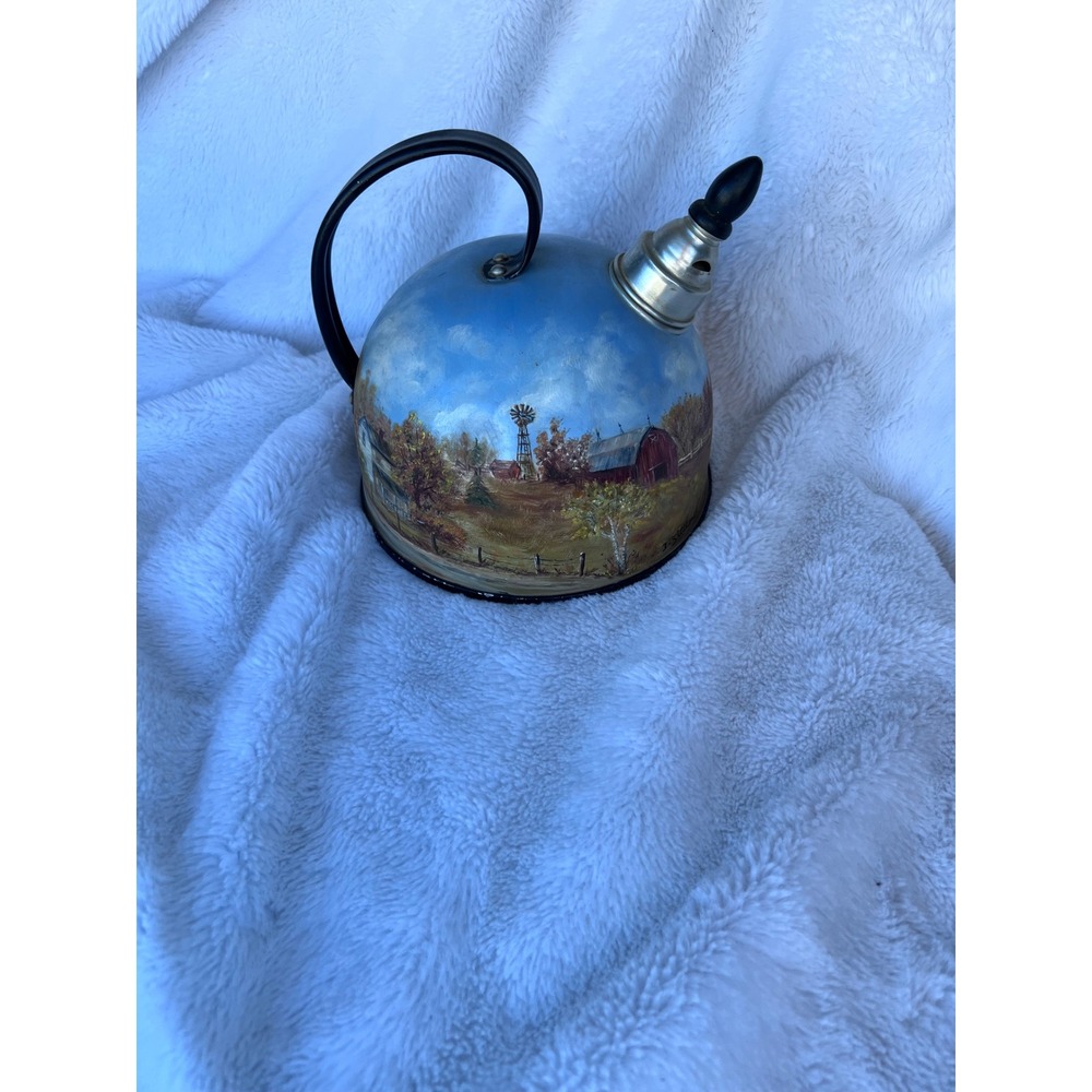 Cottagecore Unisex Comet Hand Painted Farm Scene Tea Kettle OS Blue